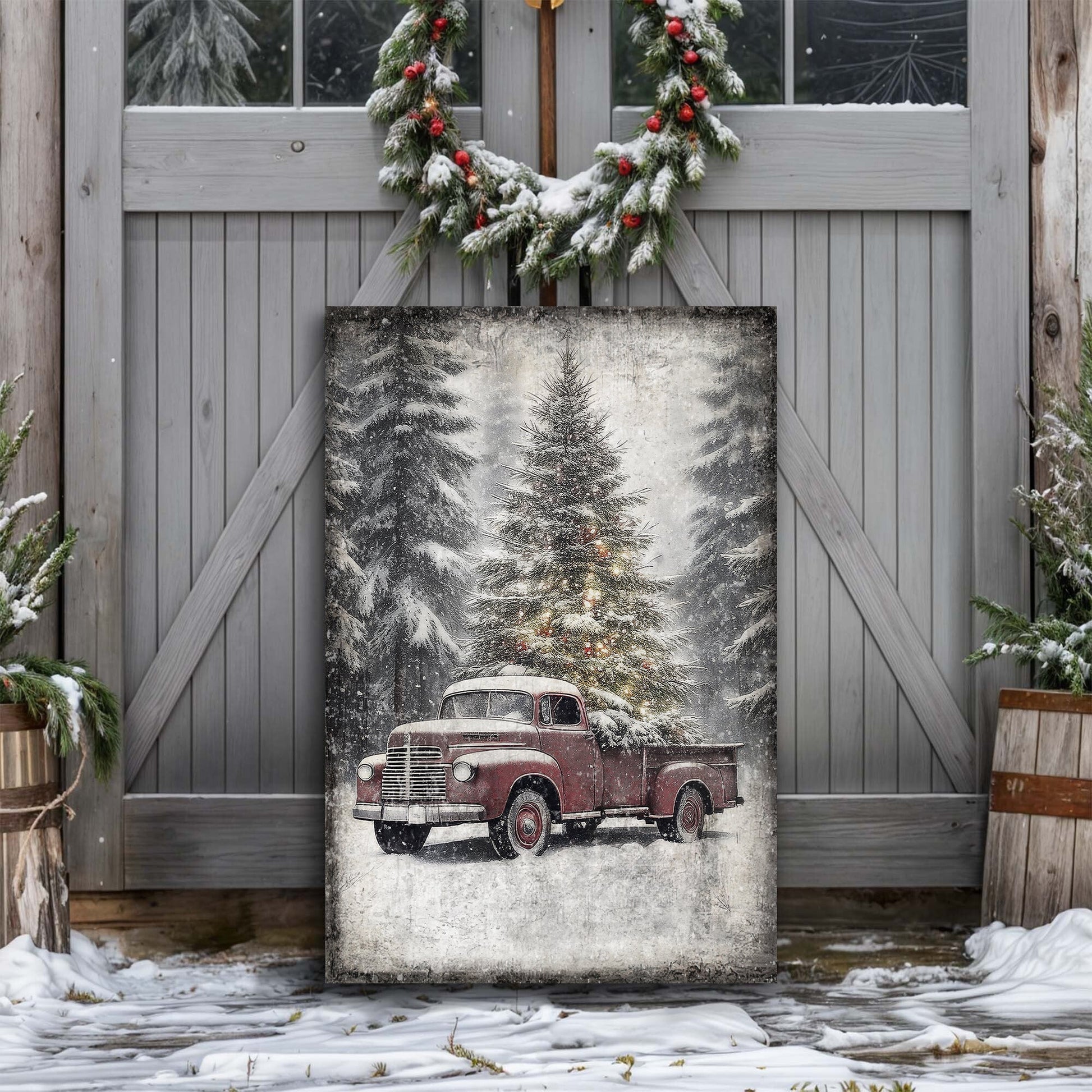 Vintage Truck With Christmas Tree Wall Art III canvas by Tailored Canvases, snowy forest scene on Tampa Home & Garden Store