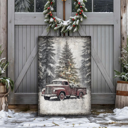 Vintage Truck With Christmas Tree Wall Art III canvas by Tailored Canvases, snowy forest scene on Tampa Home & Garden Store