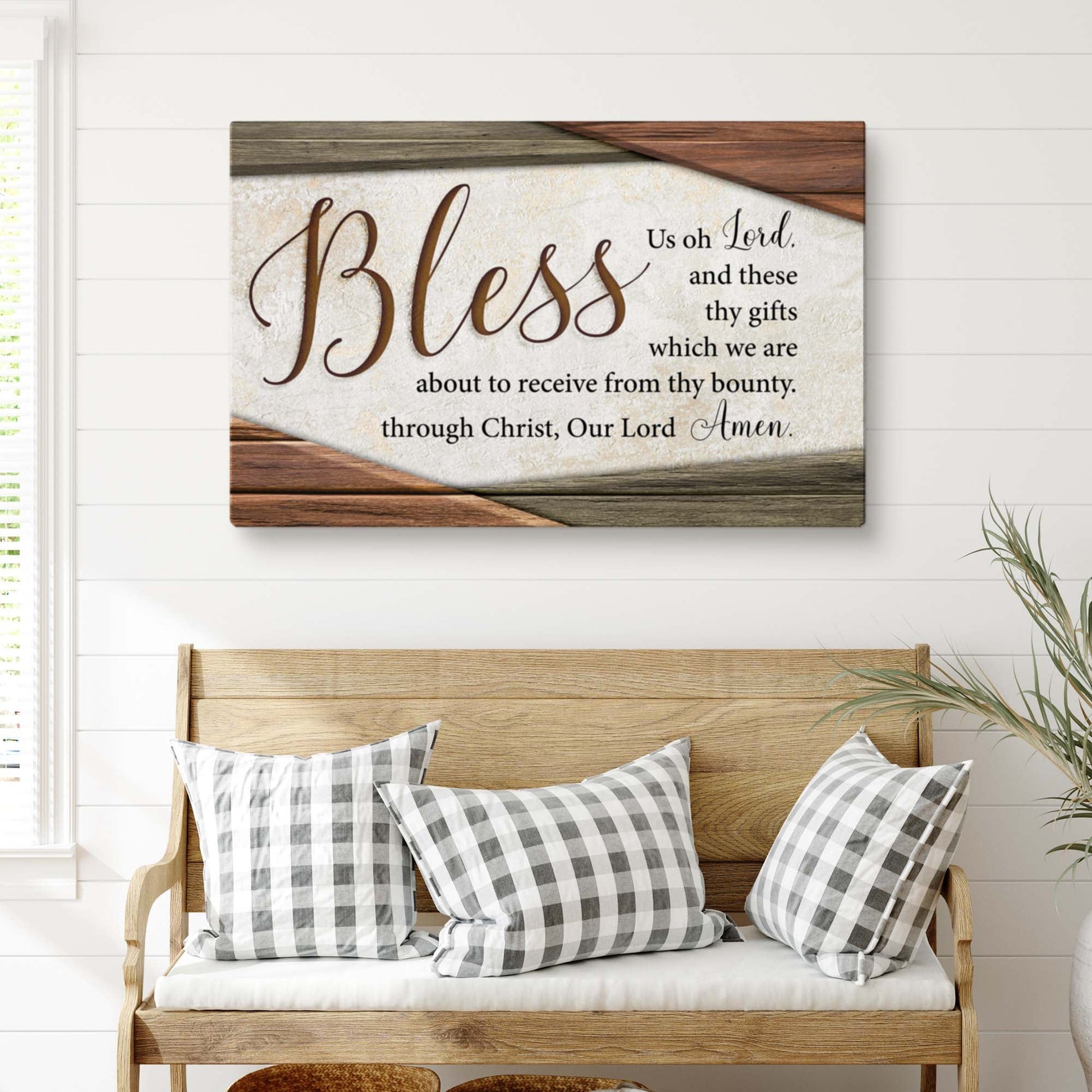 Bless Us Oh Lord Faith Sign IV canvas by Tailored Canvases with rustic wood frame on shiplap on Tampa Home & Garden Store