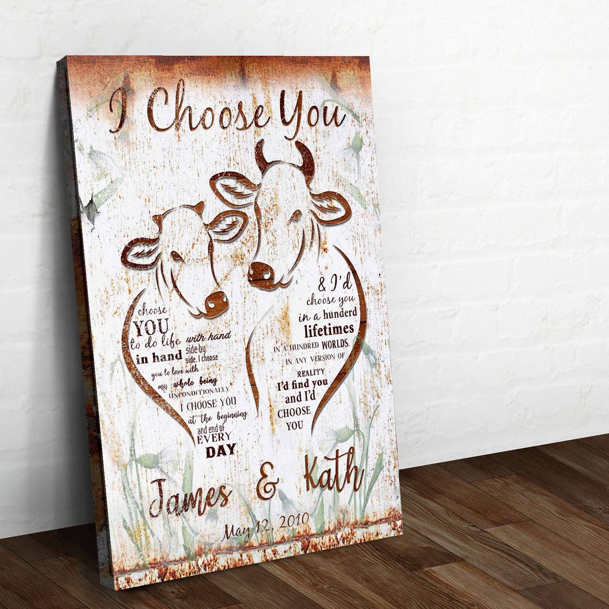 I Choose You Cow Couple Sign canvas by Tailored Canvases with rustic woodgrain look on Tampa Home & Garden Store