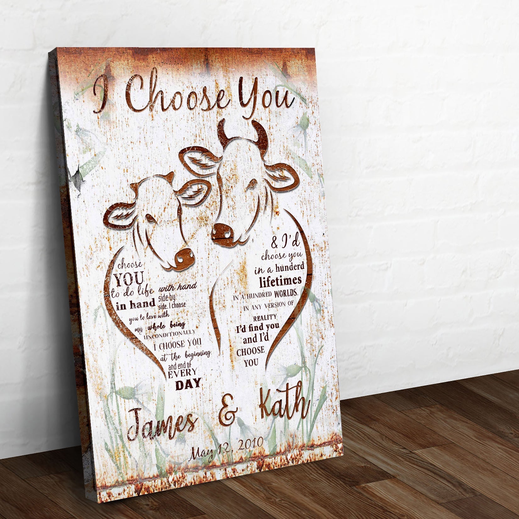 I Choose You Cow Couple Sign canvas by Tailored Canvases with rustic woodgrain look on Tampa Home & Garden Store