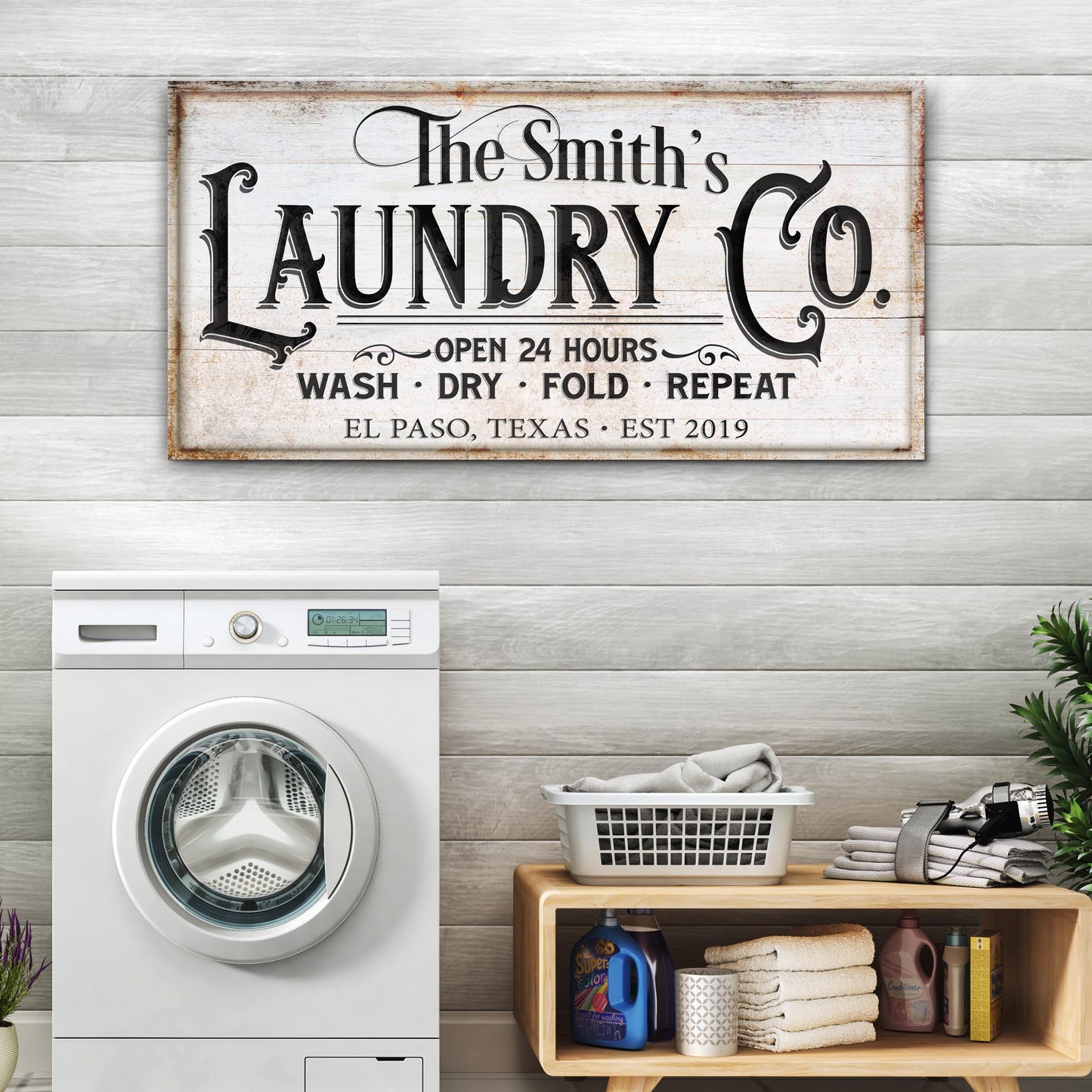 Laundry Room Sign IX canvas by Tailored Canvases with white wood and black typography on Tampa Home & Garden Store