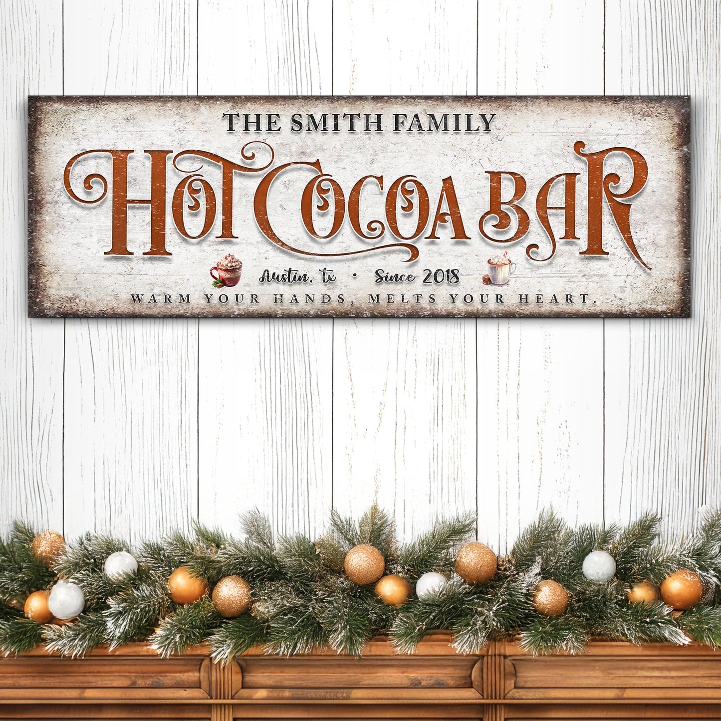 Hot Cocoa Bar sign canvas by Tailored Canvases with rustic white backdrop and garland on Tampa Home & Garden Store