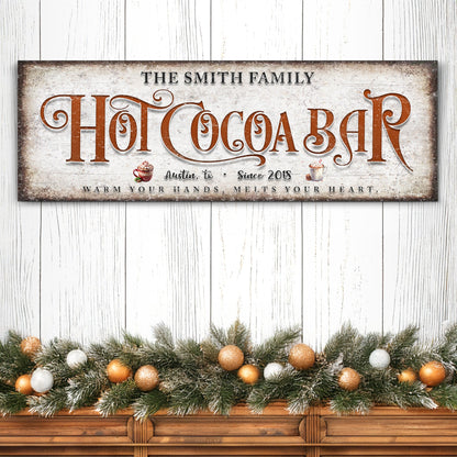 Hot Cocoa Bar sign canvas by Tailored Canvases with rustic white backdrop and garland on Tampa Home & Garden Store