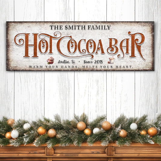 Hot Cocoa Bar sign canvas by Tailored Canvases with rustic white backdrop and garland on Tampa Home & Garden Store