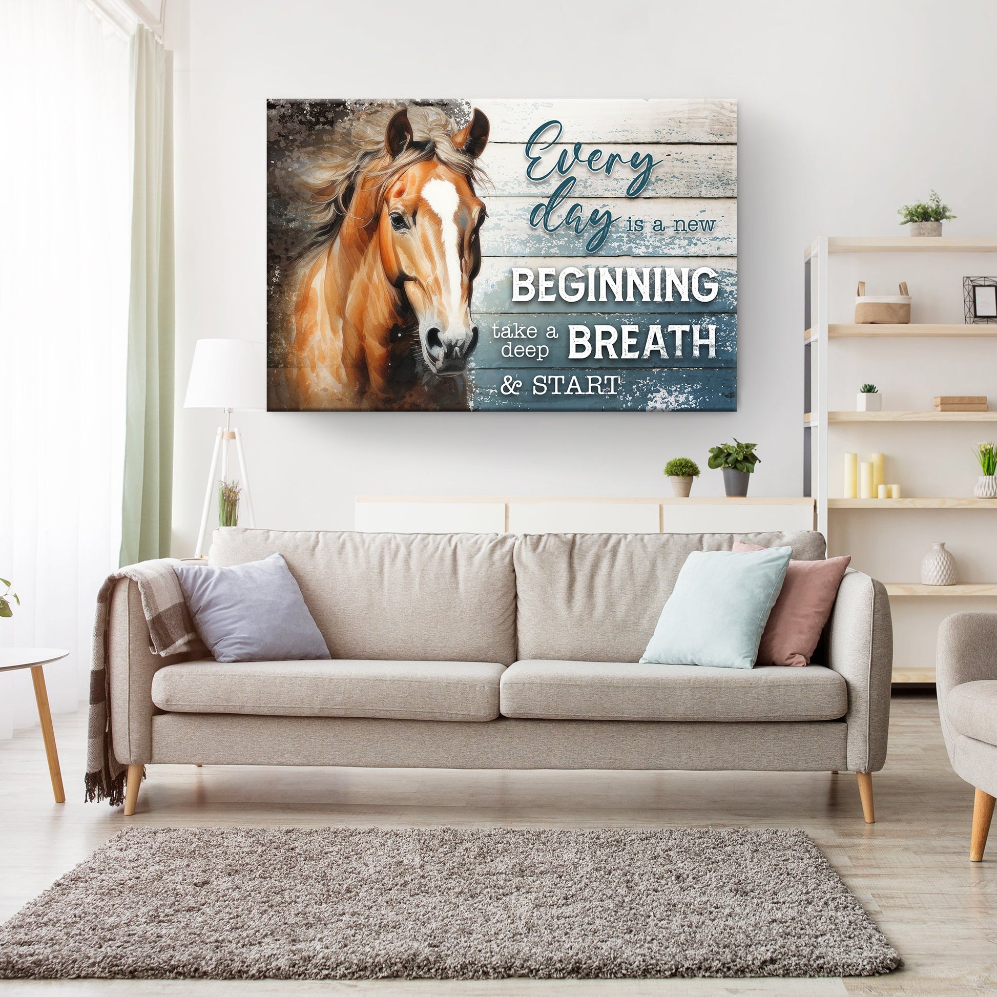Canvas Everyday Is A New Beginning Faith Sign II Tailored Canvases horse on blue backdrop on Tampa Home & Garden Store