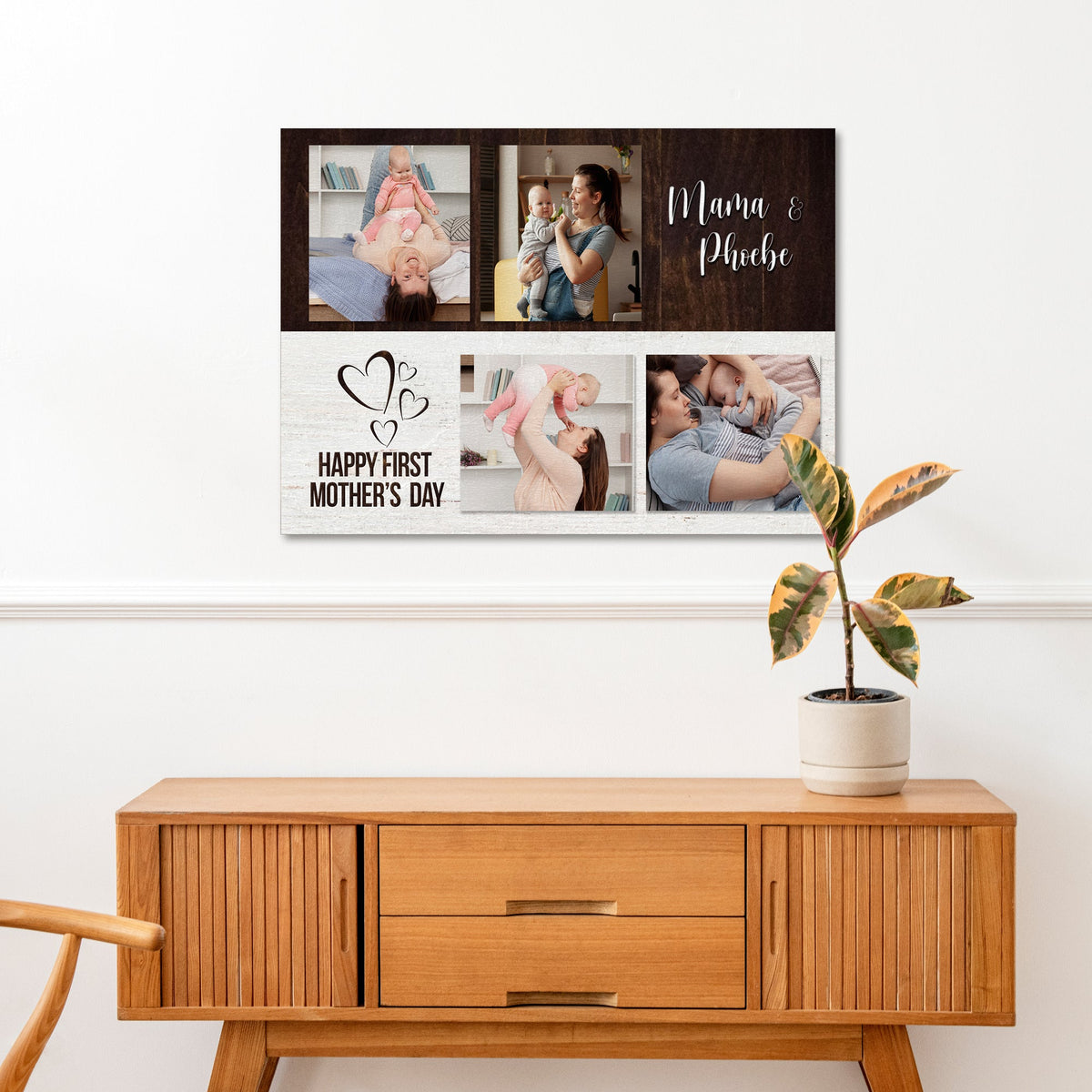 Happy First Mother's Day Sign canvas collage by Tailored Canvases with photos on dark wood backdrop on Tampa Home & Garden Store
