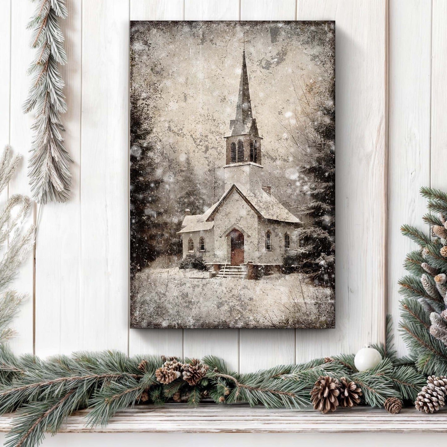 Vintage Church Christmas Wall Art IV canvas print by Tailored Canvases, snowy steeple on Tampa Home & Garden Store