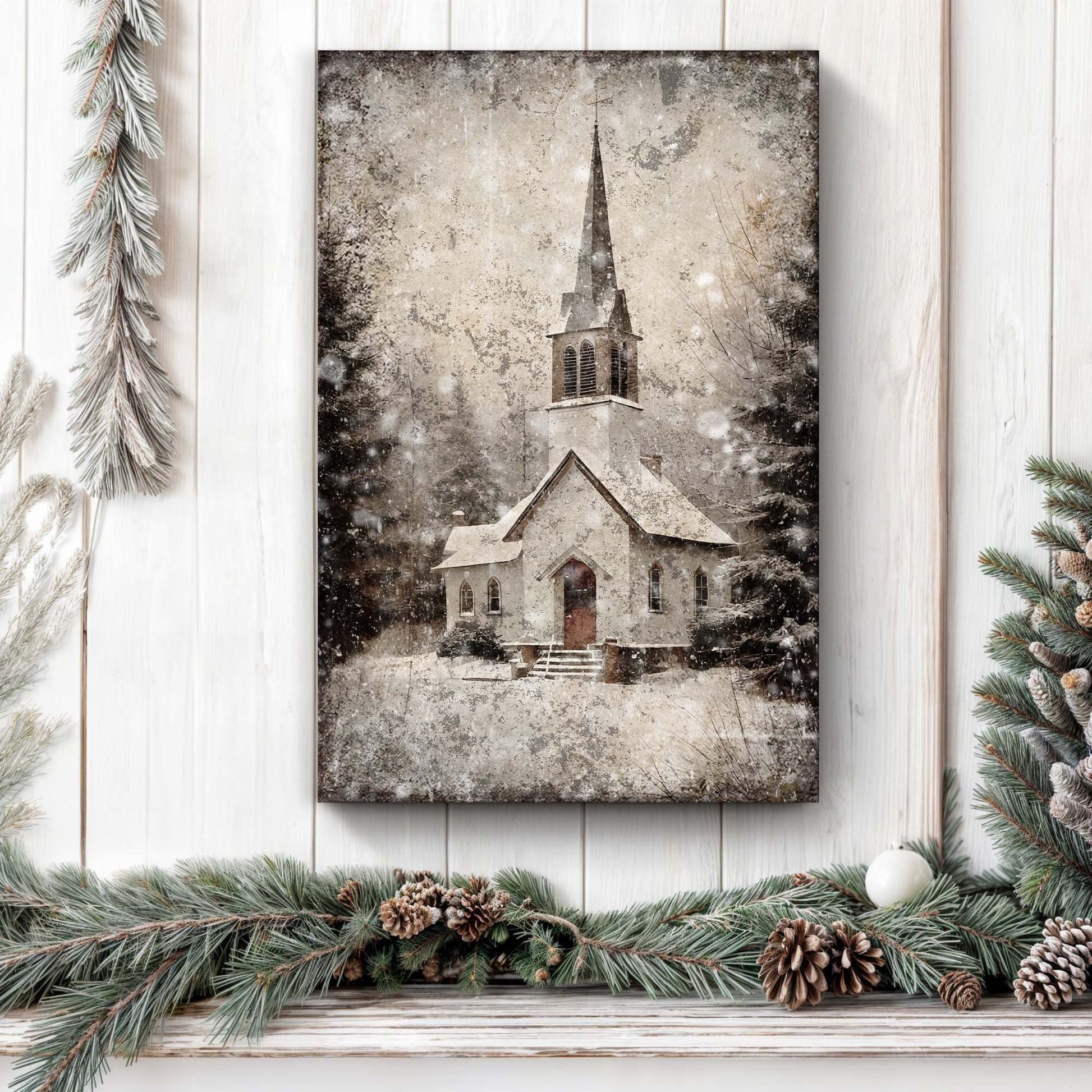 Vintage Church Christmas Wall Art IV canvas print by Tailored Canvases, snowy steeple on Tampa Home & Garden Store