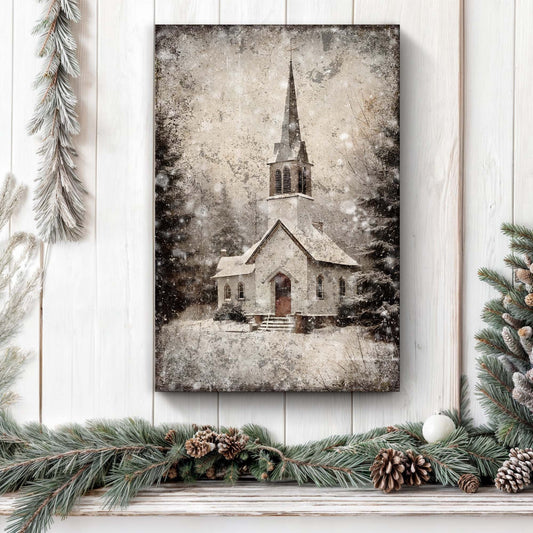 Vintage Church Christmas Wall Art IV canvas print by Tailored Canvases, snowy steeple on Tampa Home & Garden Store