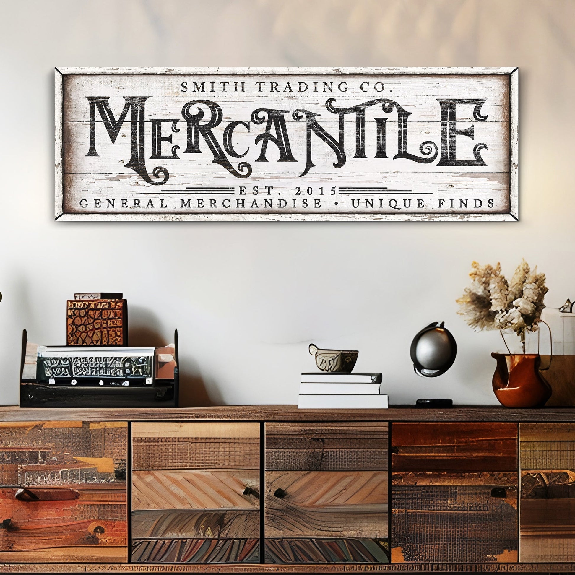 Personalized Mercantile Sign canvas with vintage black typography on whitewashed wood on Tampa Home & Garden Store
