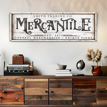 Personalized Mercantile Sign canvas with vintage black typography on whitewashed wood on Tampa Home & Garden Store