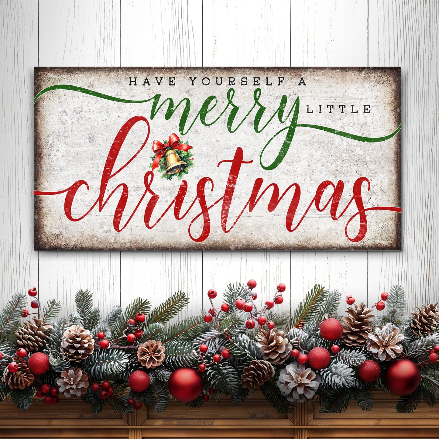 Canvas Have Yourself A Merry Little Christmas in green and red script on rustic backdrop on Tampa Home & Garden Store