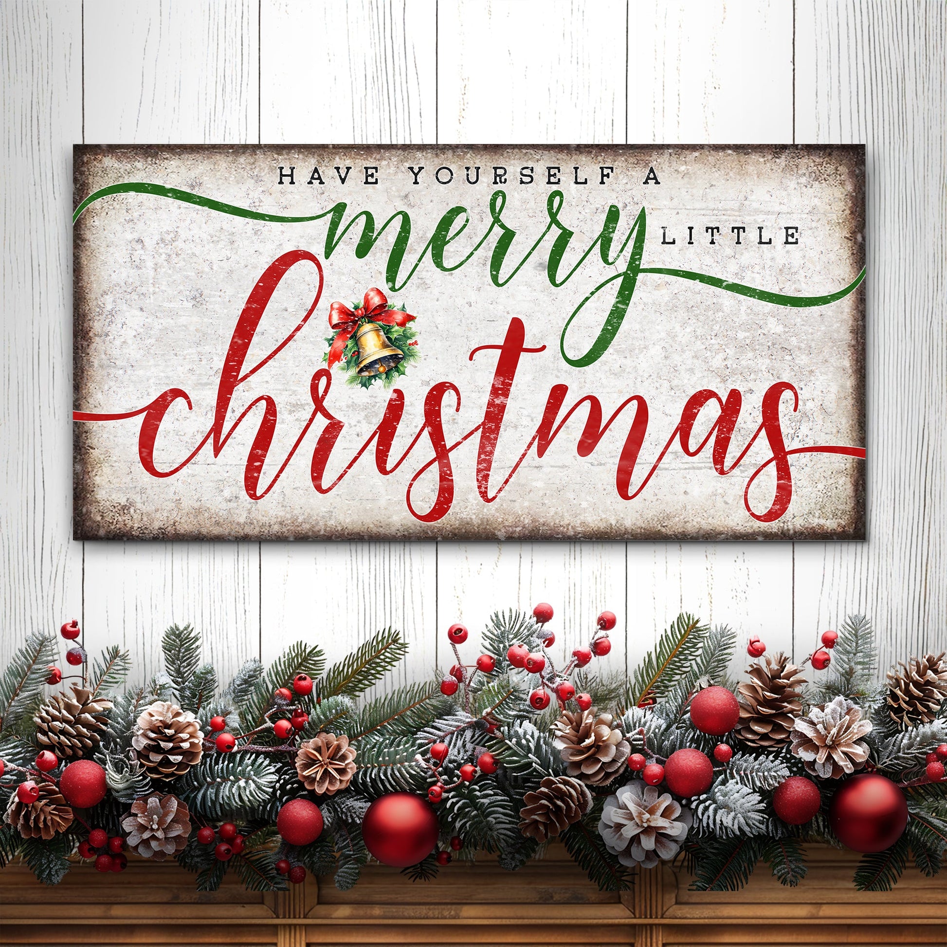 Canvas Have Yourself A Merry Little Christmas in green and red script on rustic backdrop on Tampa Home & Garden Store