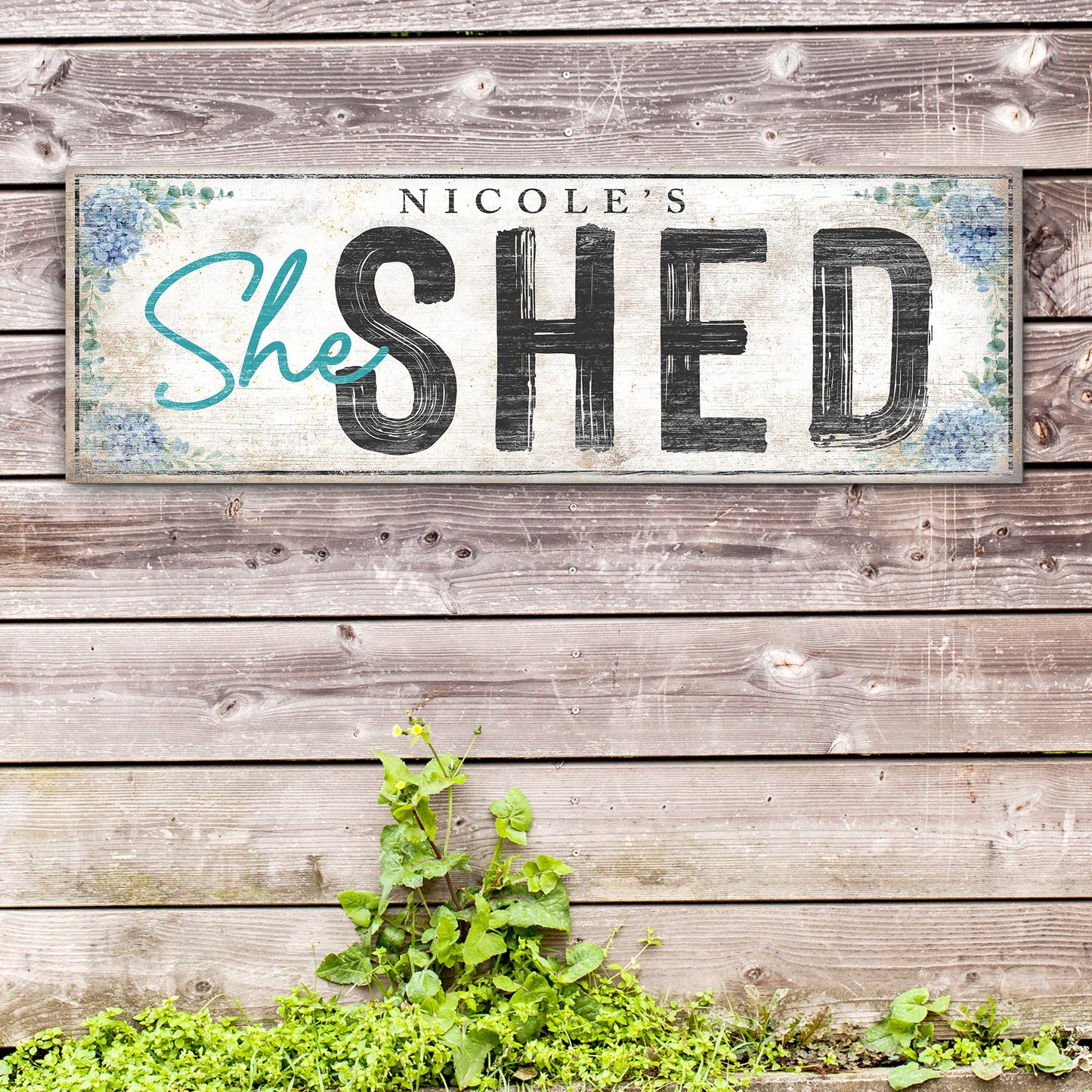Personalized She Shed Sign XI canvas by Tailored Canvases, teal She with SHED and corners on Tampa Home & Garden Store