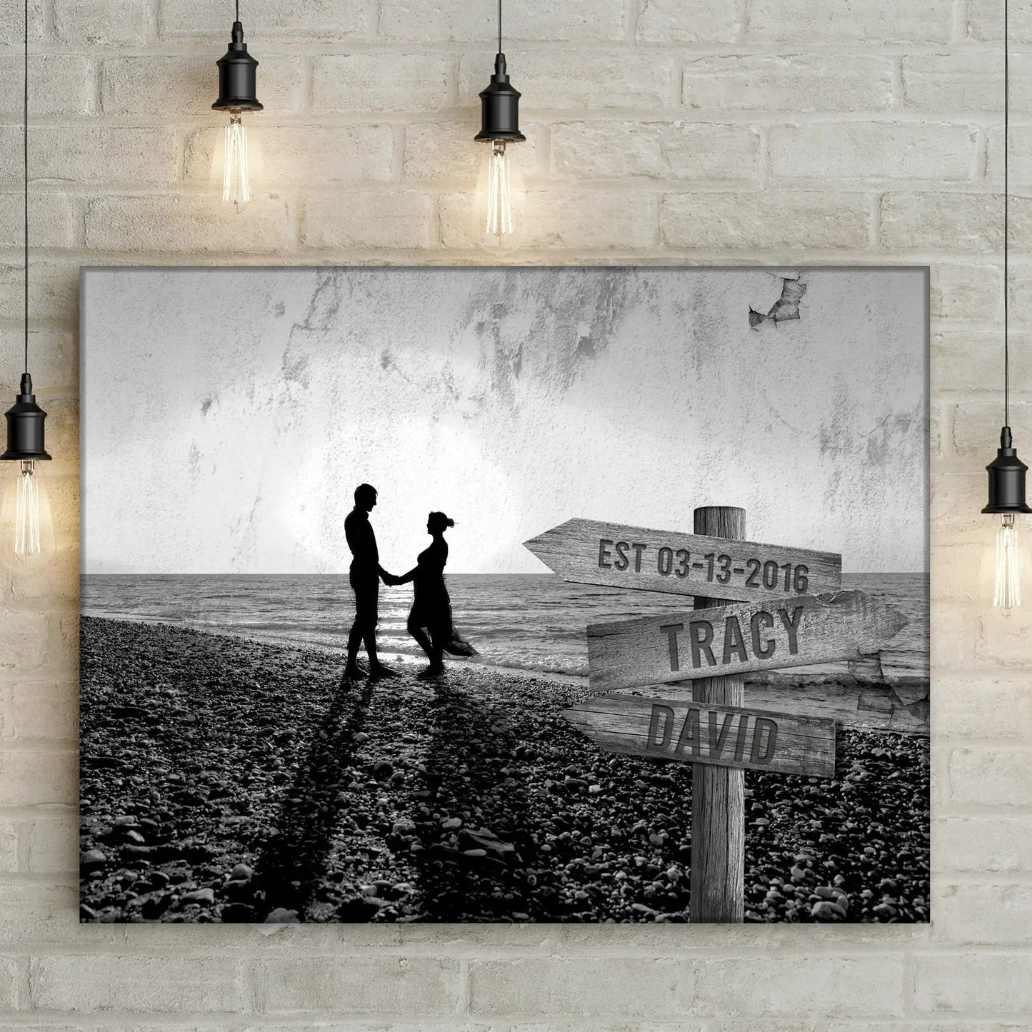 Monochrome Sunset Couple Sign canvas by Tailored Canvases, black-and-white beach scene on Tampa Home & Garden Store