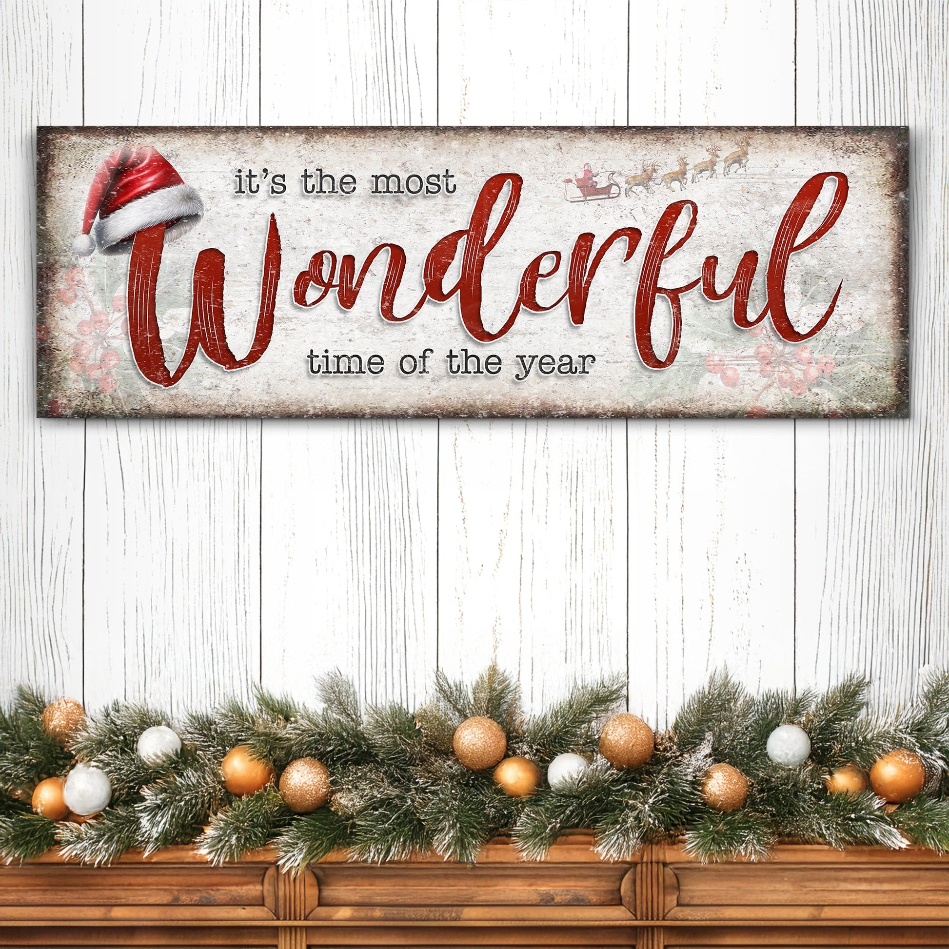 Canvas sign Wonderful Time Of The Year Tailored Canvases red script Wonderful Santa hat garland on Tampa Home & Garden Store