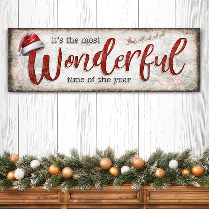 Canvas sign Wonderful Time Of The Year Tailored Canvases red script Wonderful Santa hat garland on Tampa Home & Garden Store