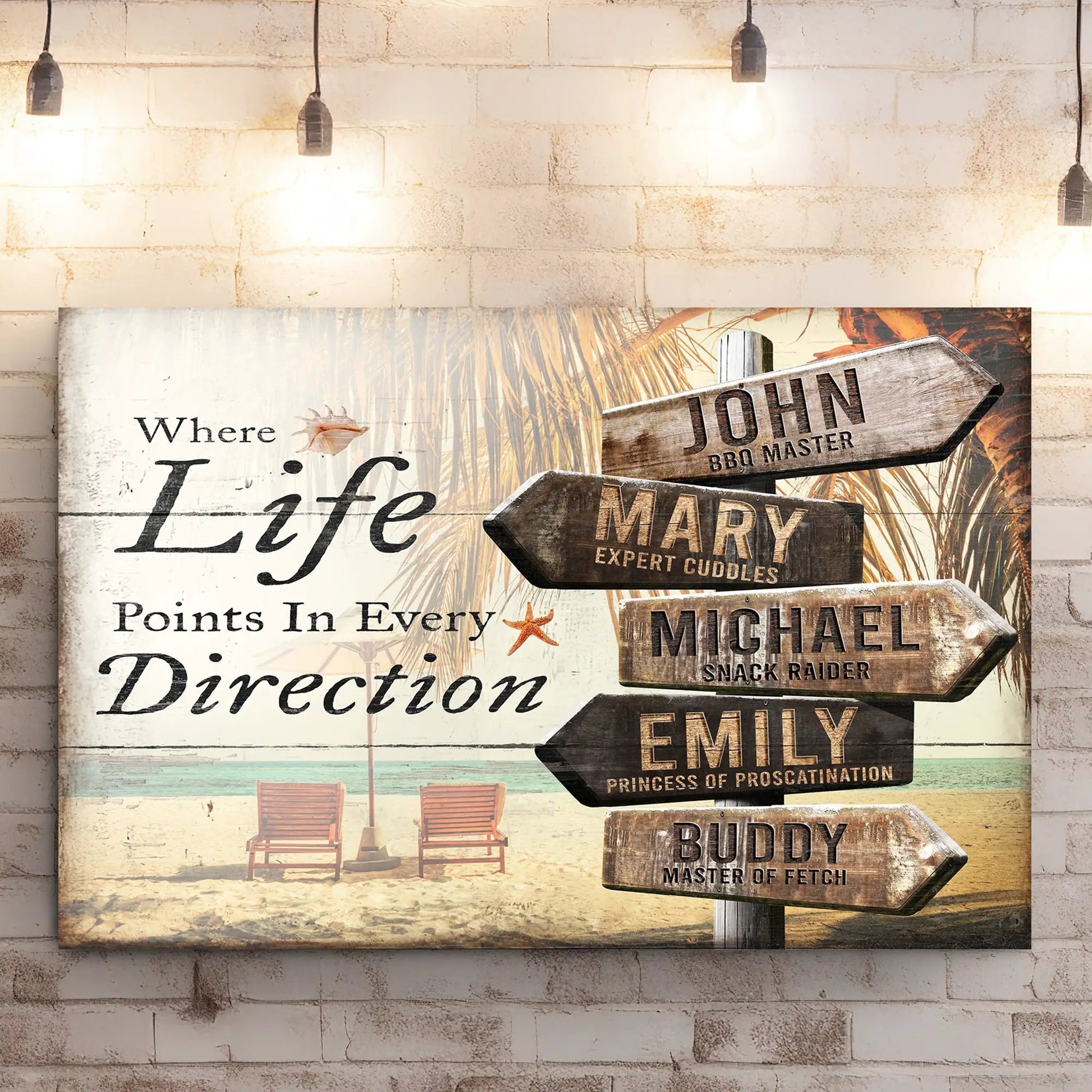 Canvas sign Beach Family Names with wooden arrows John Mary Emily on weathered backdrop on Tampa Home & Garden Store