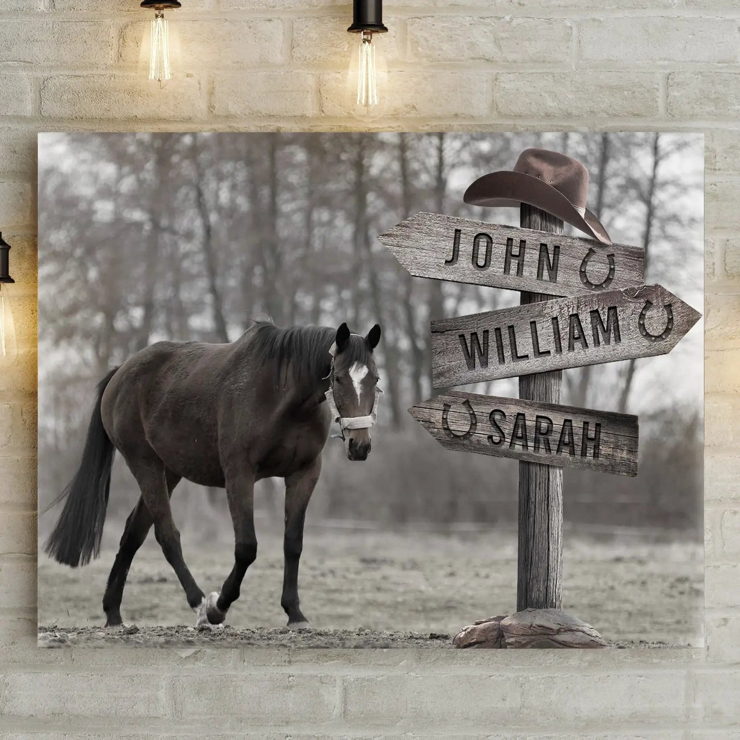 Snow Horses Name Sign canvas by Tailored Canvases with grayscale horse and rustic signposts on Tampa Home & Garden Store