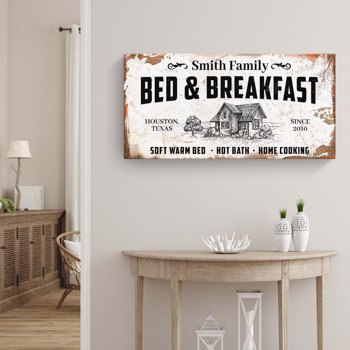 Bed and Breakfast sign canvas with distressed white background and bold black lettering on Tampa Home & Garden Store