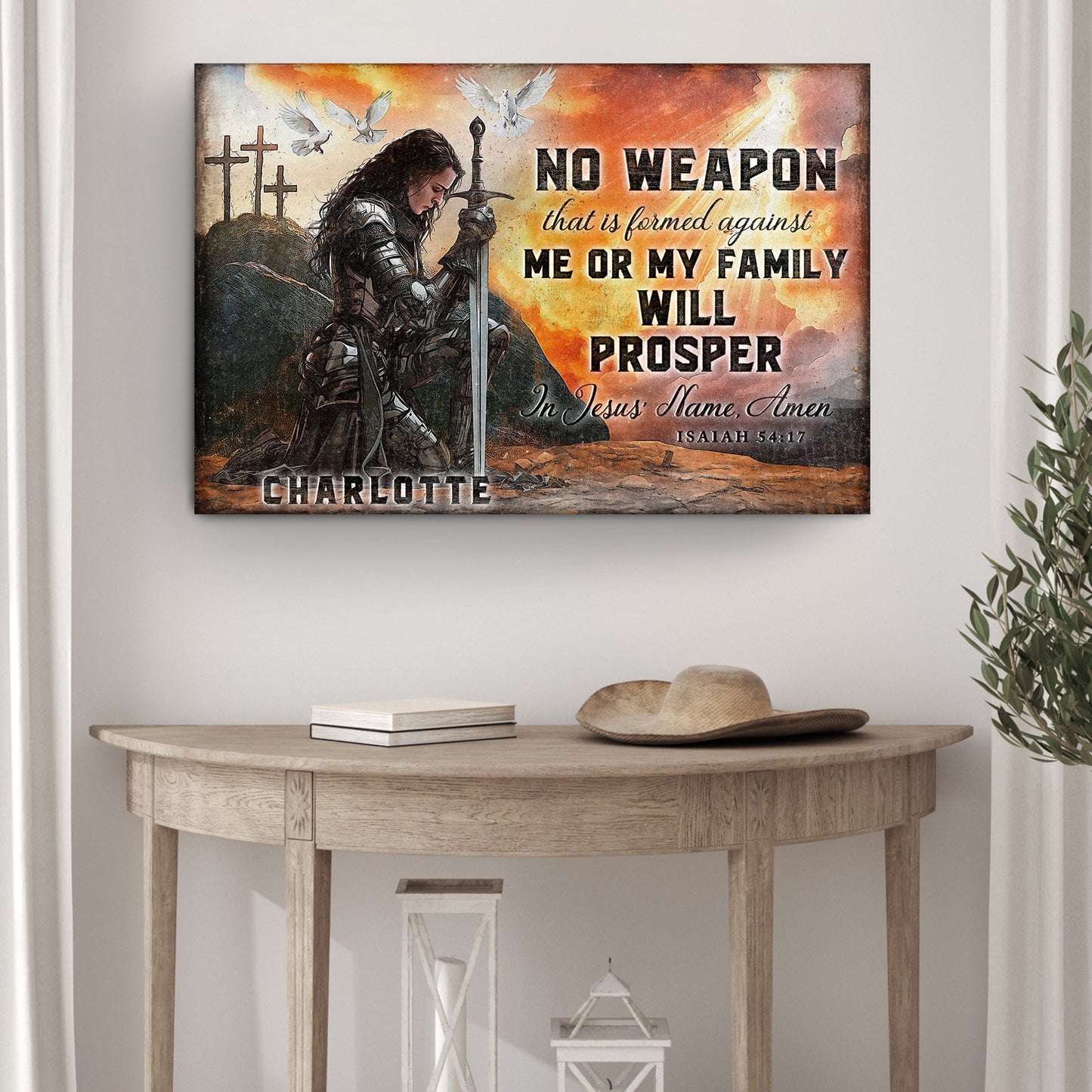 Canvas No Weapon That Is Formed Against You Will Prosper Isaiah 54:17 Faith Sign with knight and doves on Tampa Home & Garden Store