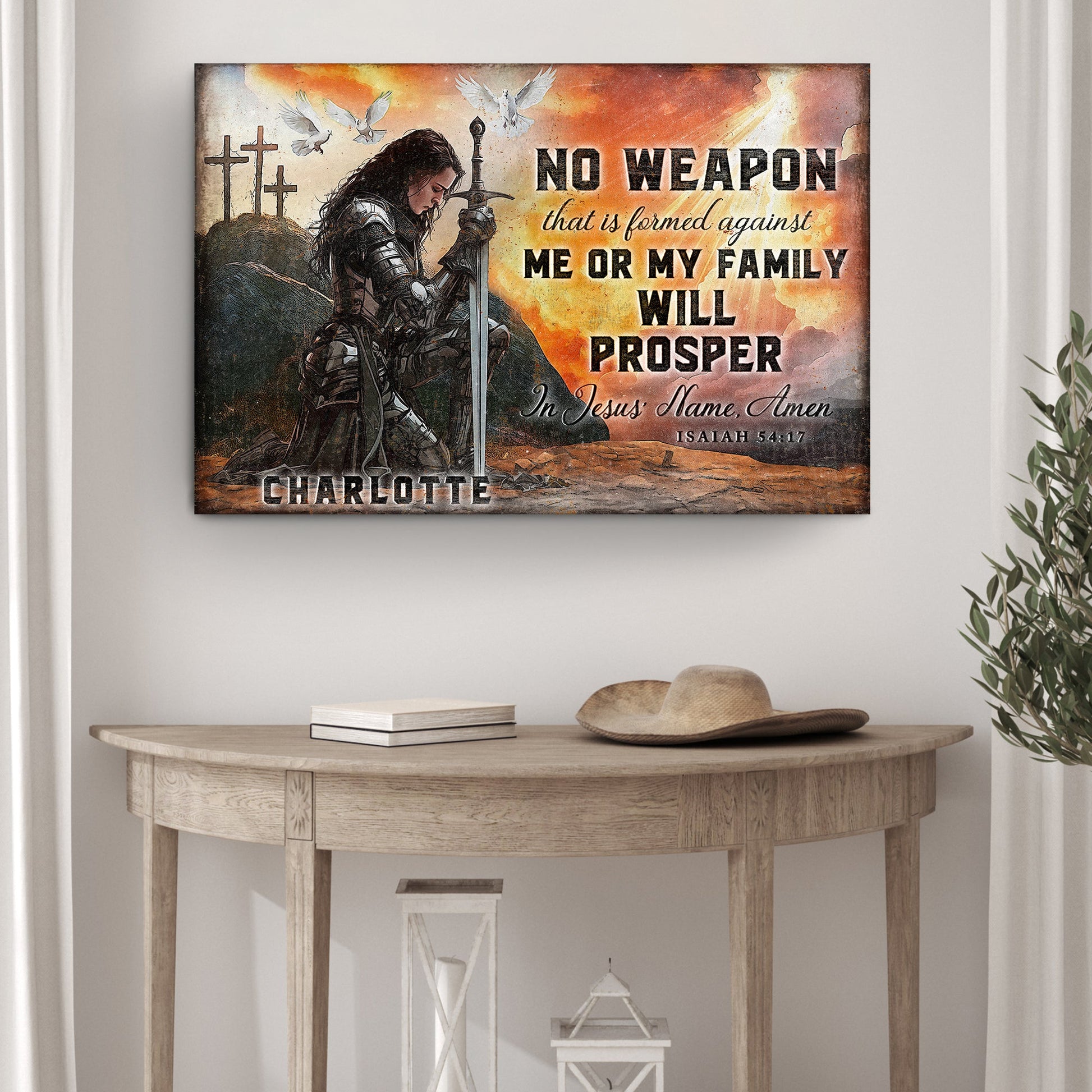 Canvas No Weapon That Is Formed Against You Will Prosper Isaiah 54:17 Faith Sign with knight and doves on Tampa Home & Garden Store