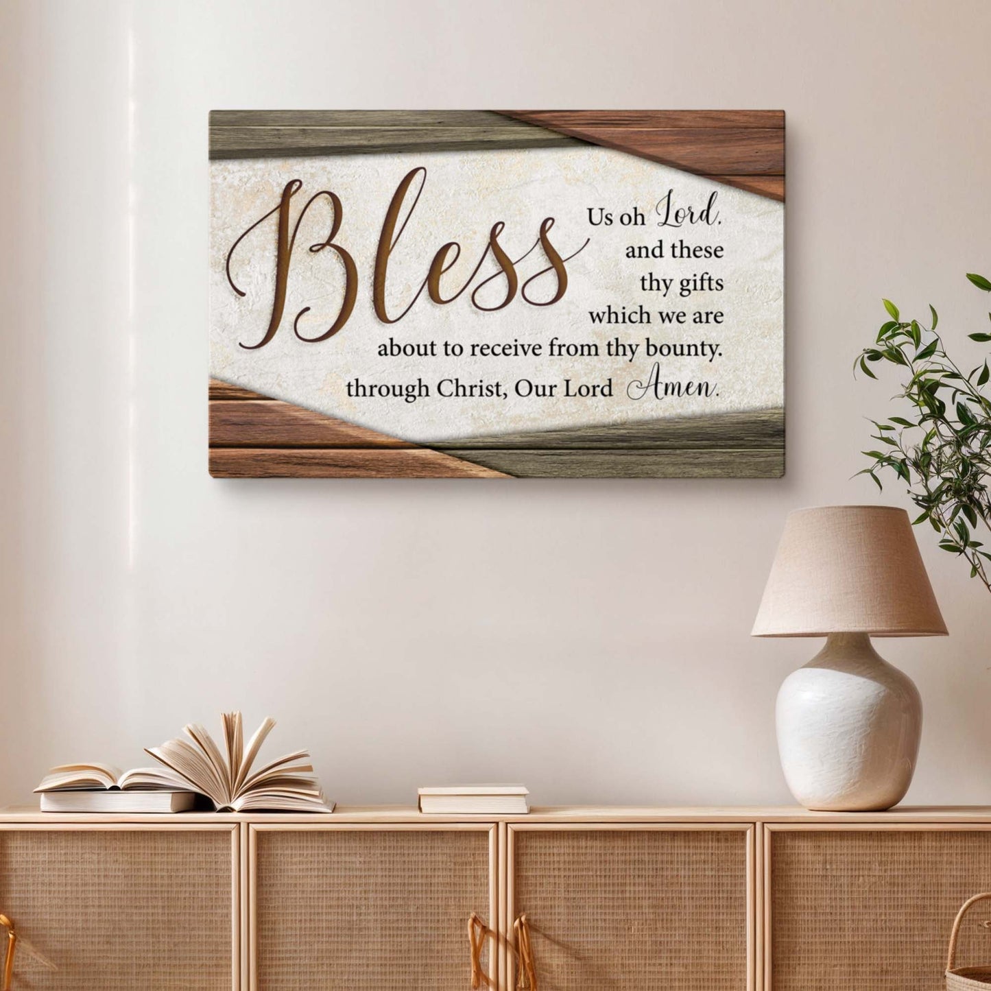 Bless Us Oh Lord Faith Sign IV canvas mounted on rustic wood planks with diagonal trim by Tailored Canvases on Tampa Home & Garden Store