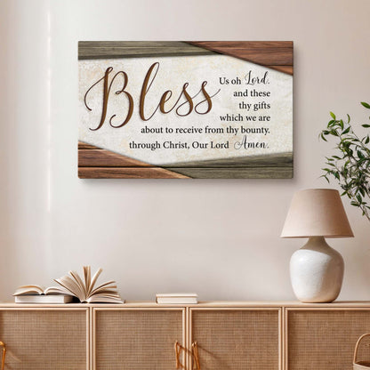 Bless Us Oh Lord Faith Sign IV canvas mounted on rustic wood planks with diagonal trim by Tailored Canvases on Tampa Home & Garden Store
