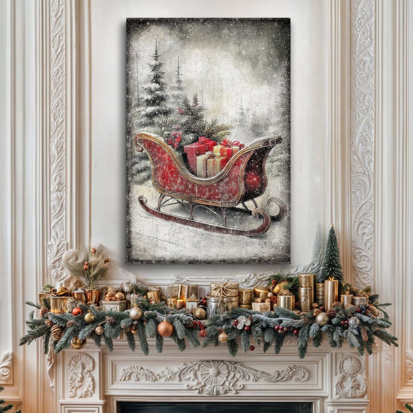 Vintage Christmas Sleigh Sled wall art canvas by Tailored Canvases featuring sleigh gifts on Tampa Home & Garden Store