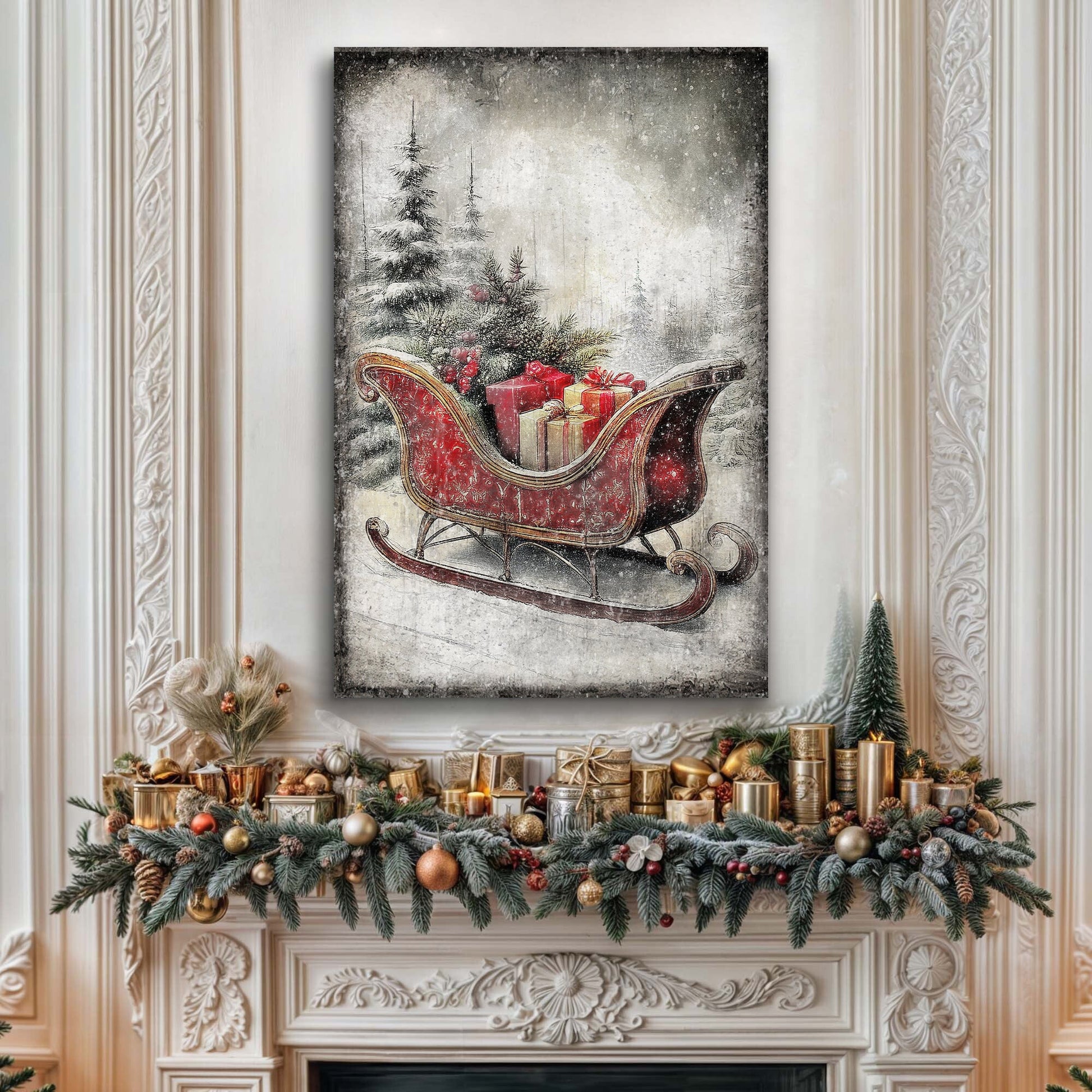 Vintage Christmas Sleigh Sled wall art canvas by Tailored Canvases featuring sleigh gifts on Tampa Home & Garden Store