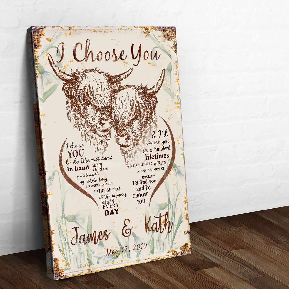 I Choose You Cow Couple Sign canvas by Tailored Canvases with brown cow illustration on Tampa Home & Garden Store