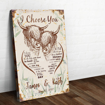I Choose You Cow Couple Sign canvas by Tailored Canvases with brown cow illustration on Tampa Home & Garden Store