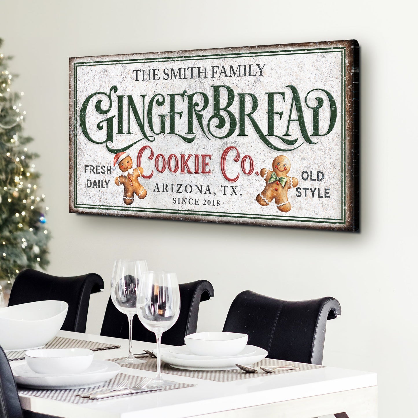 Family Gingerbread Bakery Christmas Sign II canvas Tailored Canvases with green typography on Tampa Home & Garden Store