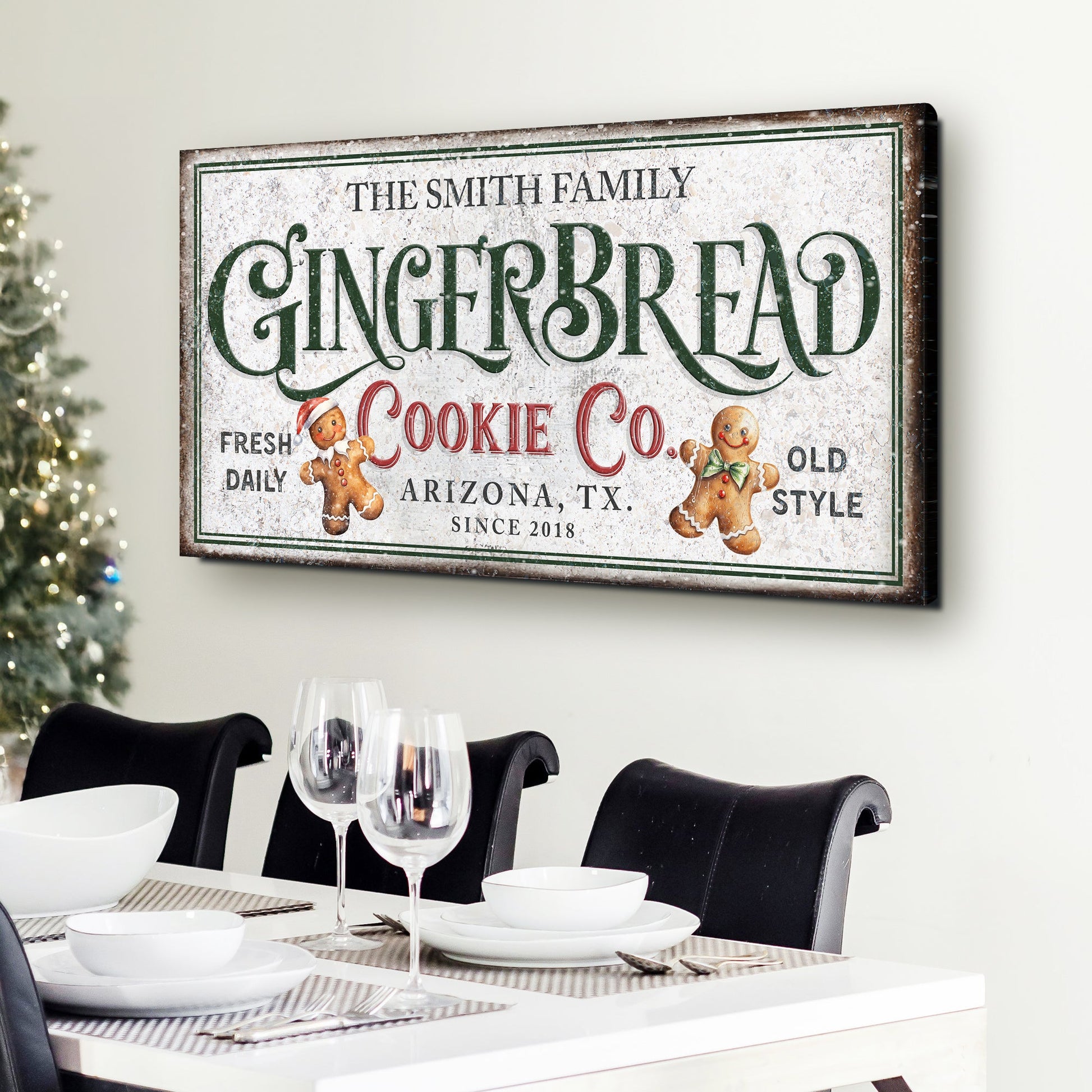 Family Gingerbread Bakery Christmas Sign II canvas Tailored Canvases with green typography on Tampa Home & Garden Store