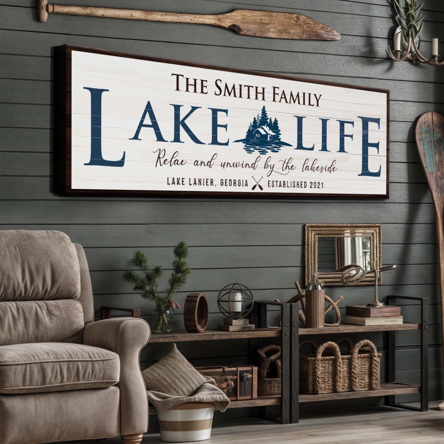 Personalized Lake Life Sign canvas with The Smith Family text and cabin illustration on Tampa Home & Garden Store