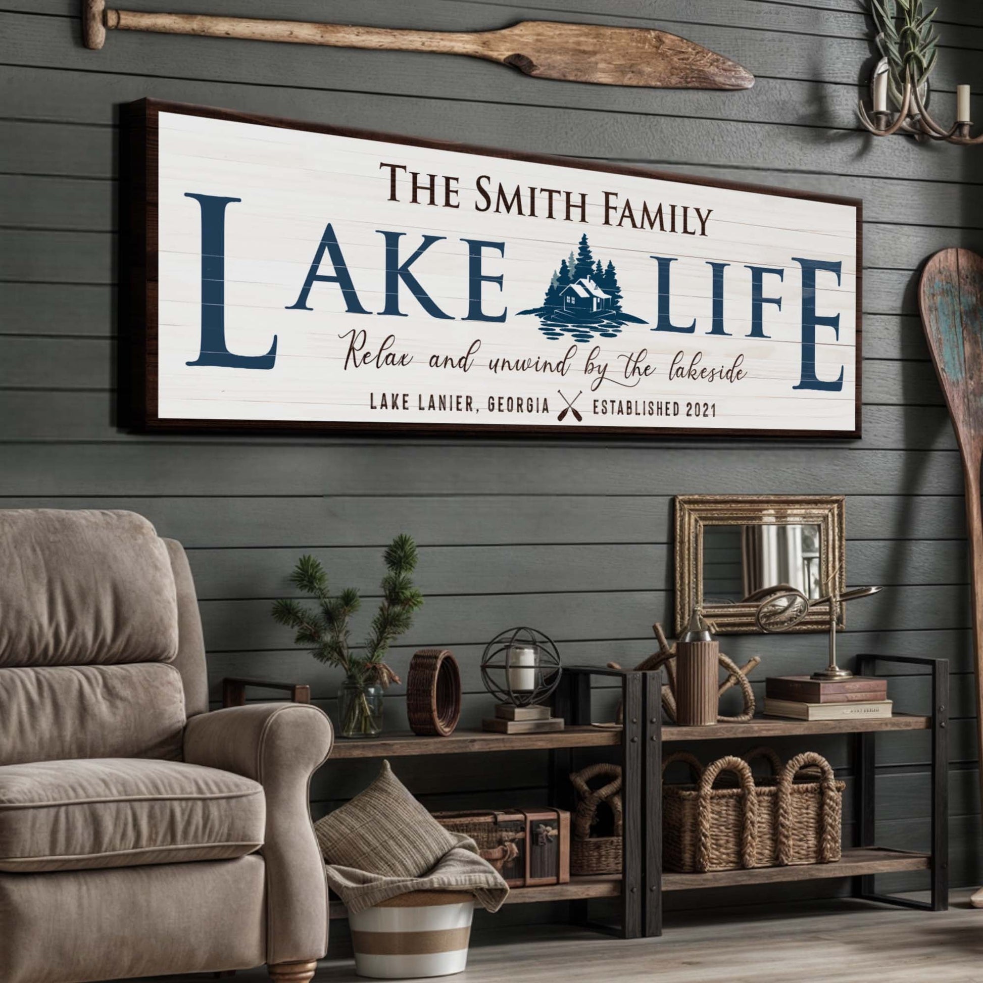 Personalized Lake Life Sign canvas with The Smith Family text and cabin illustration on Tampa Home & Garden Store