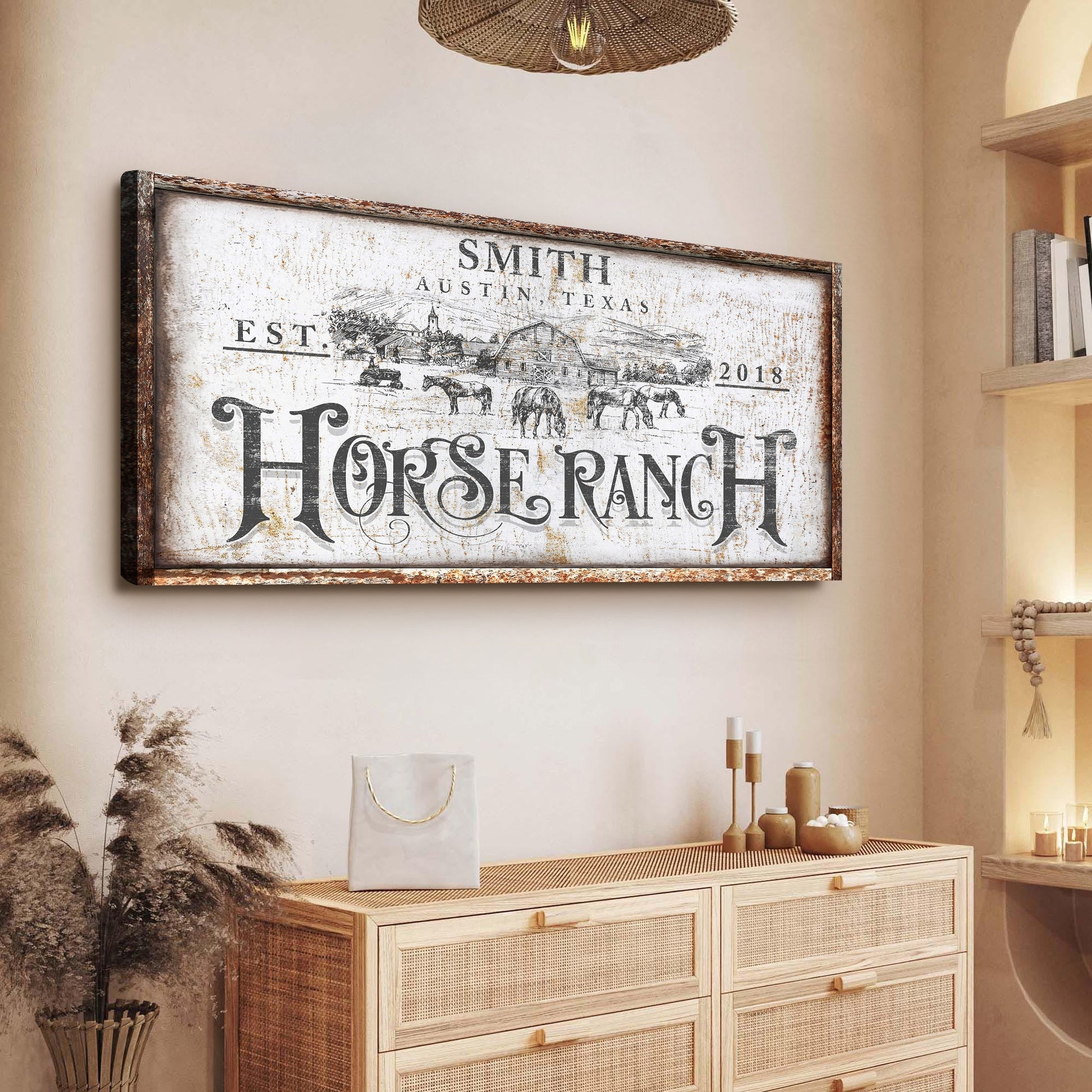 Rustic Vintage Horse Ranch Farmhouse Sign III canvas by Tailored Canvases with distressed white background and black text on Tampa Home & Garden Store