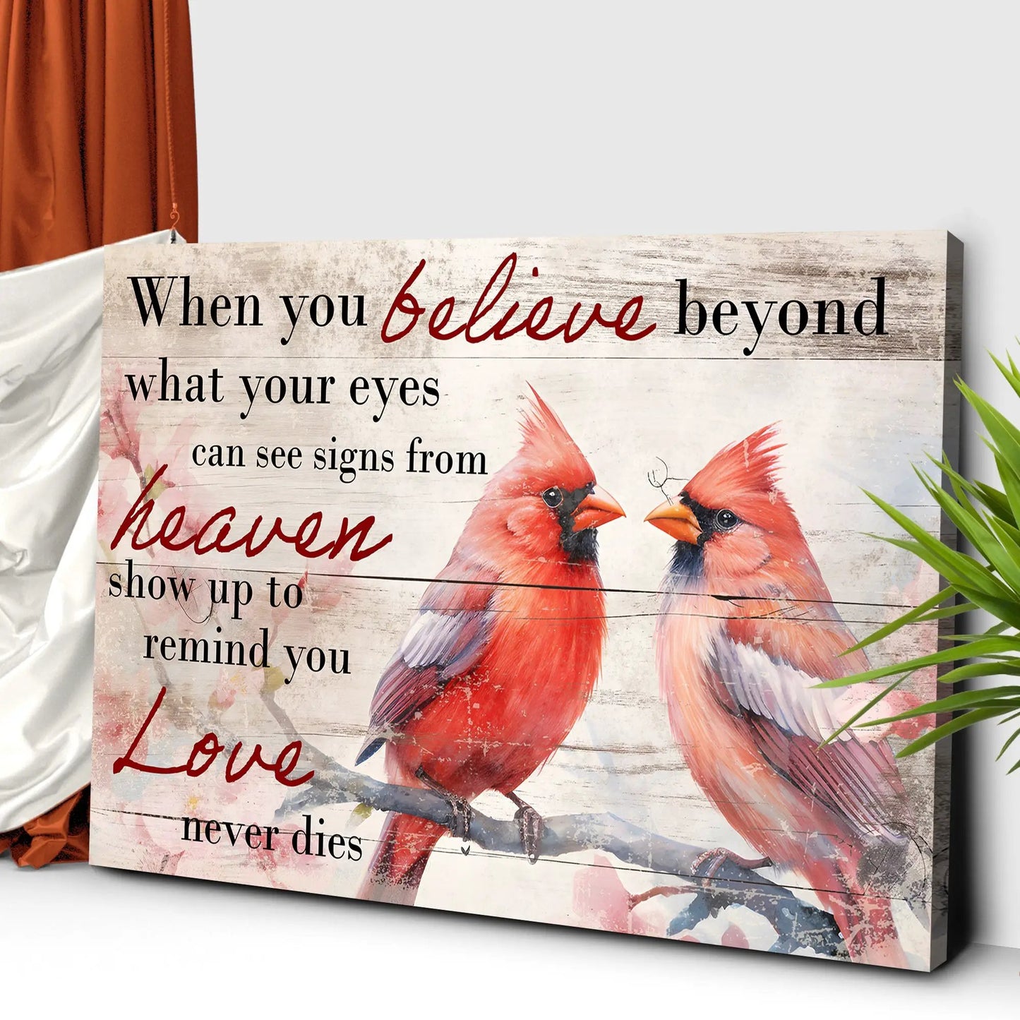 Canvas faith sign Tailored Canvases with weathered wood plank background and red cardinals on Tampa Home & Garden Store