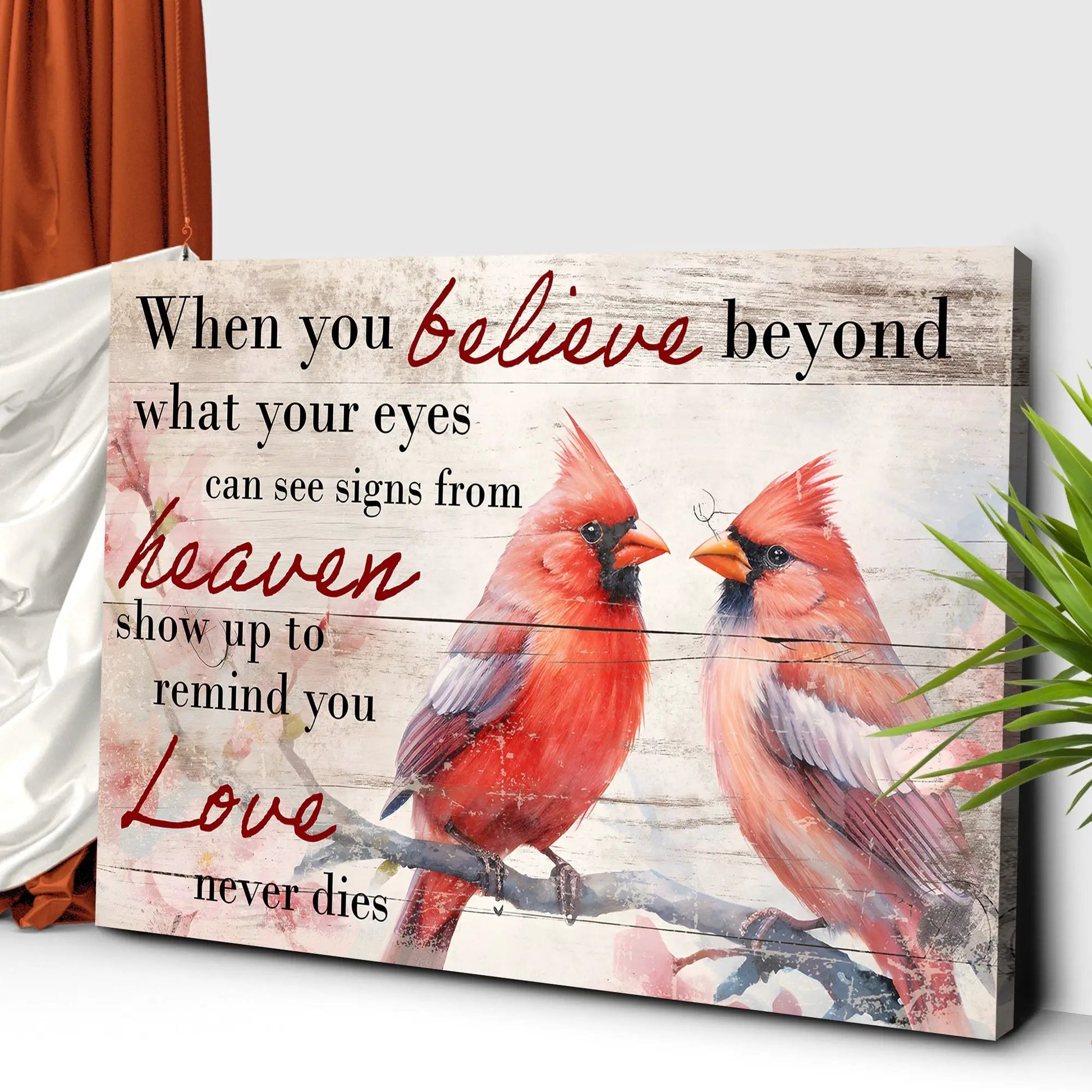 Canvas faith sign Tailored Canvases with weathered wood plank background and red cardinals on Tampa Home & Garden Store