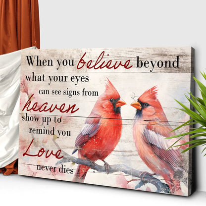 Canvas faith sign Tailored Canvases with weathered wood plank background and red cardinals on Tampa Home & Garden Store