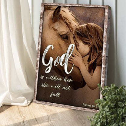 Faith sign canvas by Tailored Canvases with rustic frame and brown horse God Psalm 46:5 on Tampa Home & Garden Store