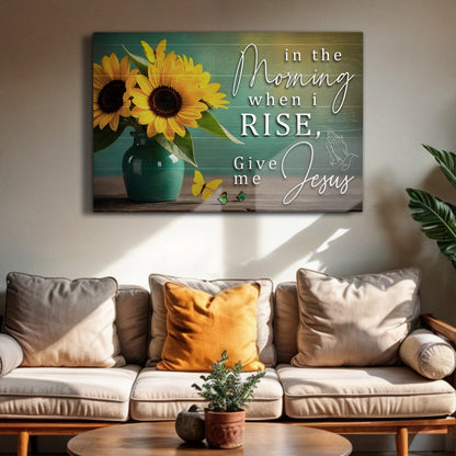Canvas art In The Morning Give Me Jesus Faith Sign II by Tailored Canvases with sunflowers in a teal vase against a distressed green wood background on Tampa Home & Garden Store