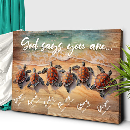 God Says You Are Faith Sign canvas by Tailored Canvases with wood backdrop and sea turtle art on Tampa Home & Garden Store