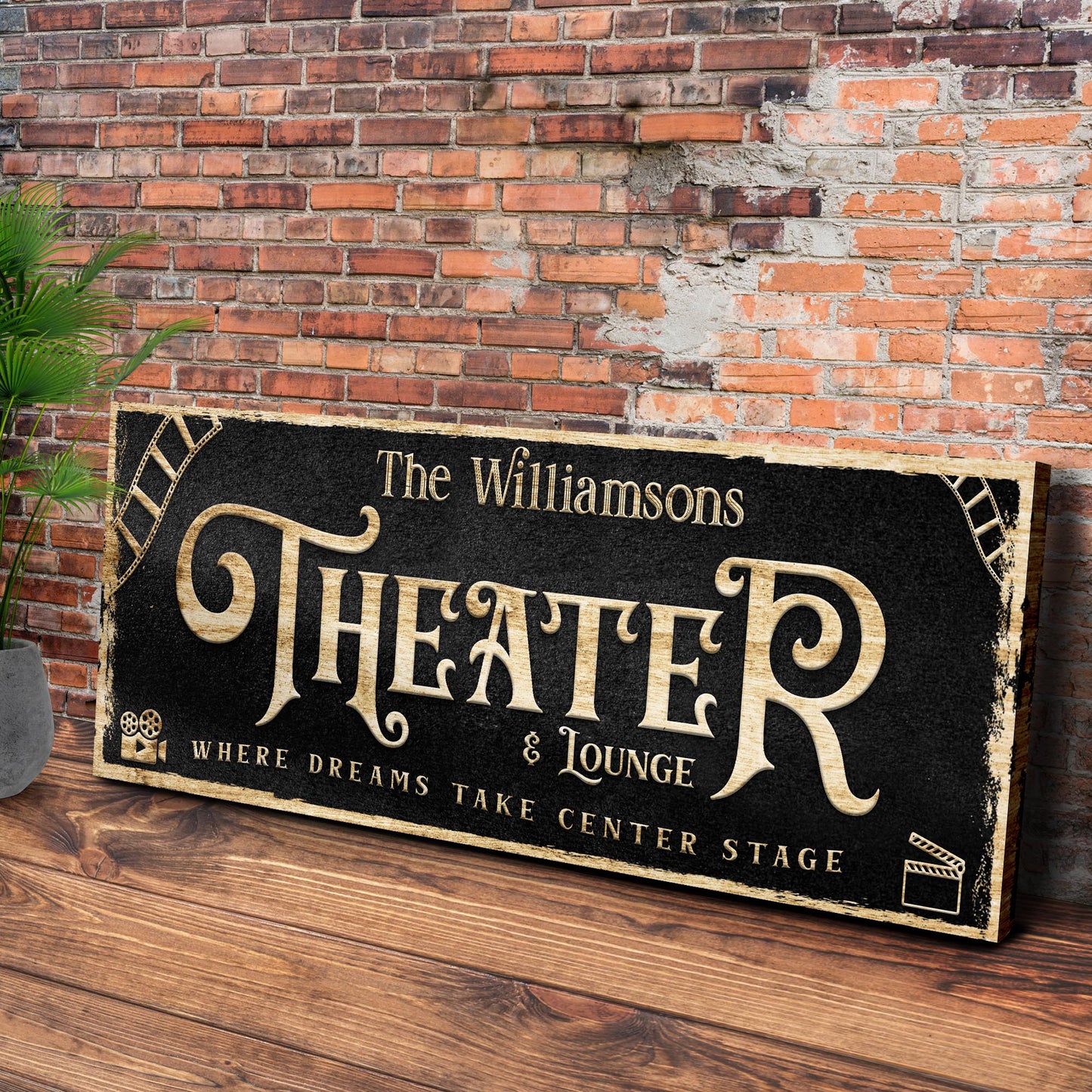Theater Sign VI canvas by Tailored Canvases on a black sign with gold script on Tampa Home & Garden Store