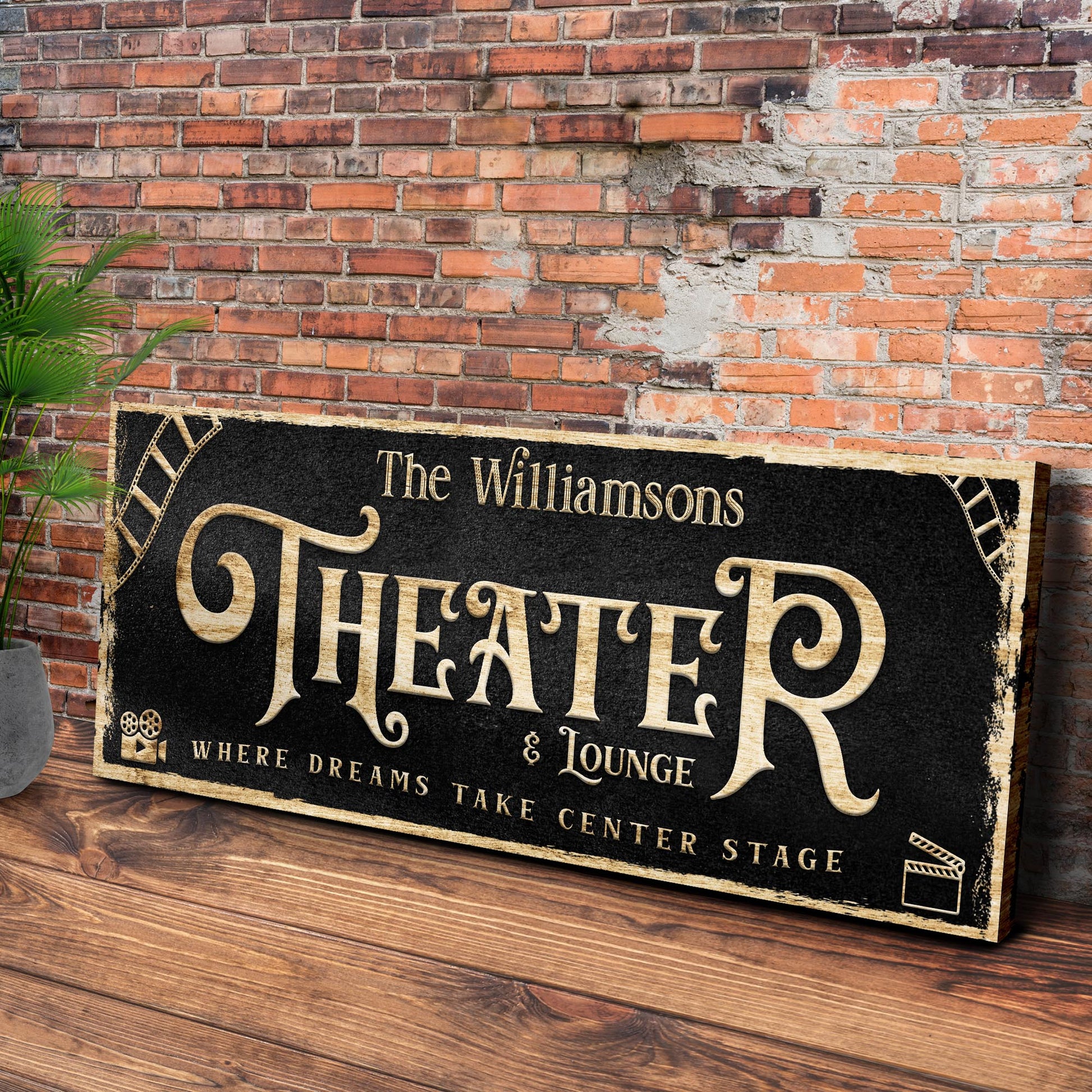 Theater Sign VI canvas by Tailored Canvases on a black sign with gold script on Tampa Home & Garden Store
