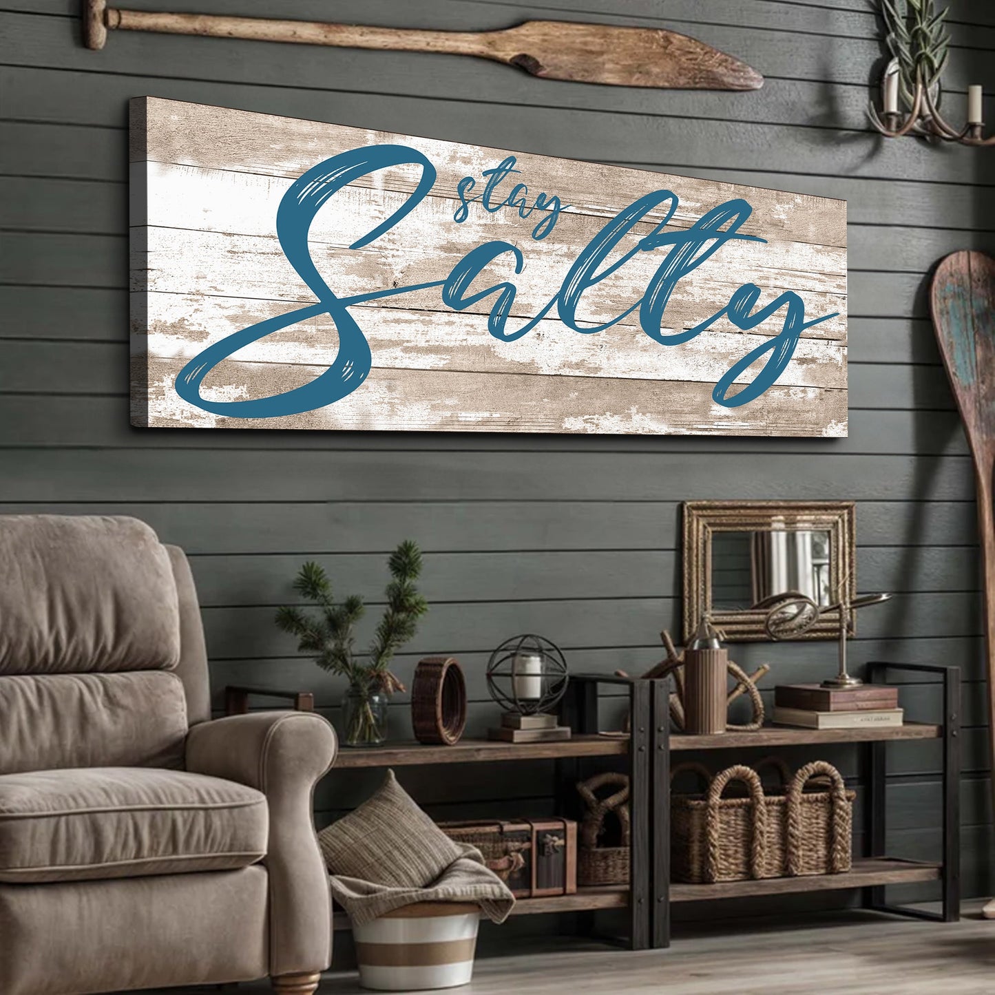 Stay Salty Coastal Sign II canvas art with blue script text on distressed wood backdrop on Tampa Home & Garden Store