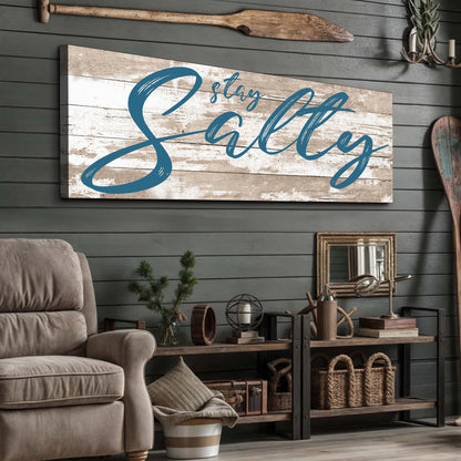 Stay Salty Coastal Sign II canvas art with blue script text on distressed wood backdrop on Tampa Home & Garden Store