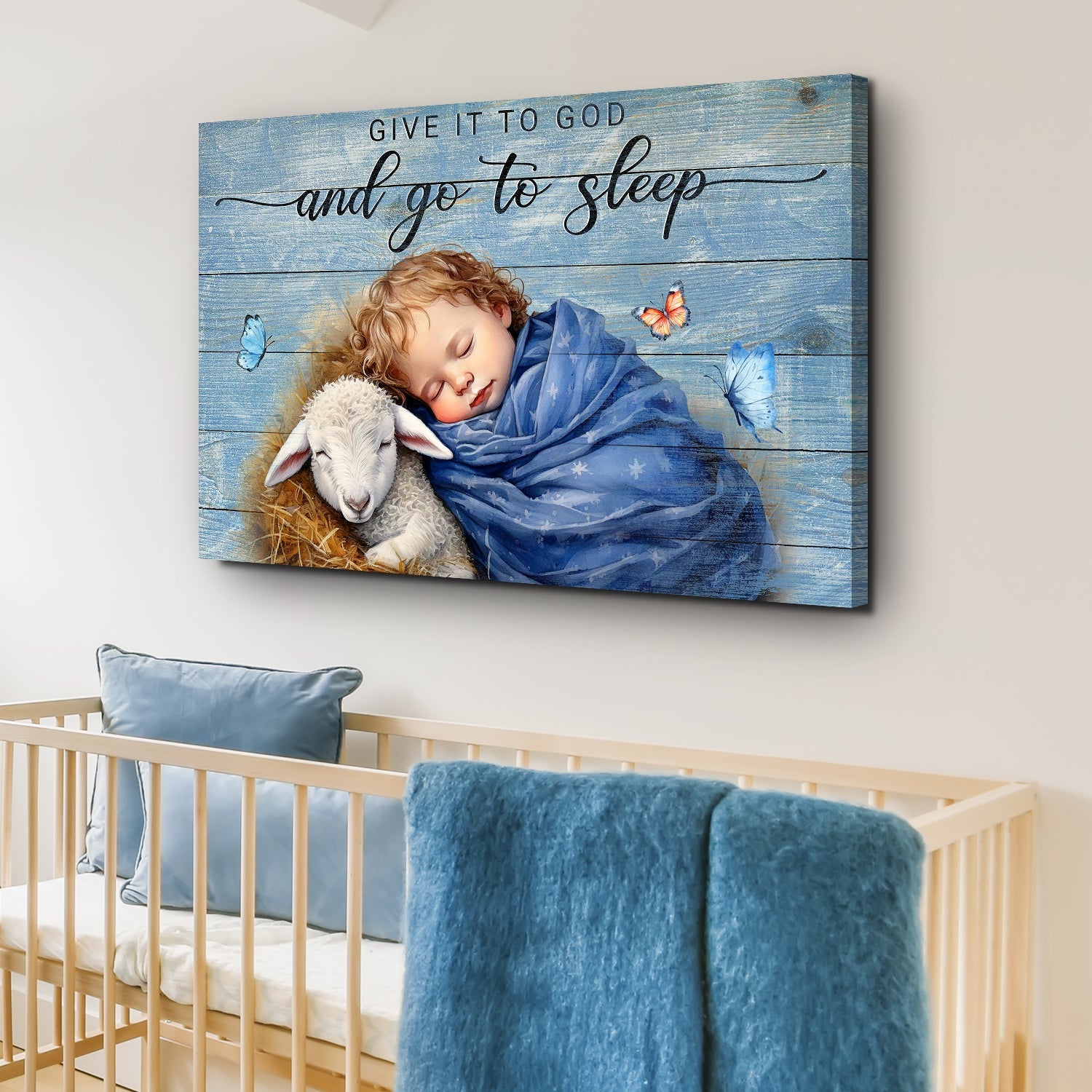 Canvas faith sign Give It To God And Go To Sleep blue rustic wood with baby and lamb on Tampa Home & Garden Store