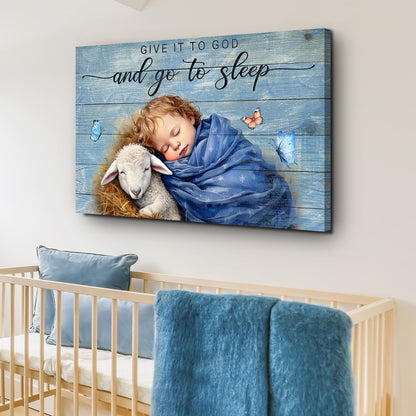 Canvas faith sign Give It To God And Go To Sleep blue rustic wood with baby and lamb on Tampa Home & Garden Store